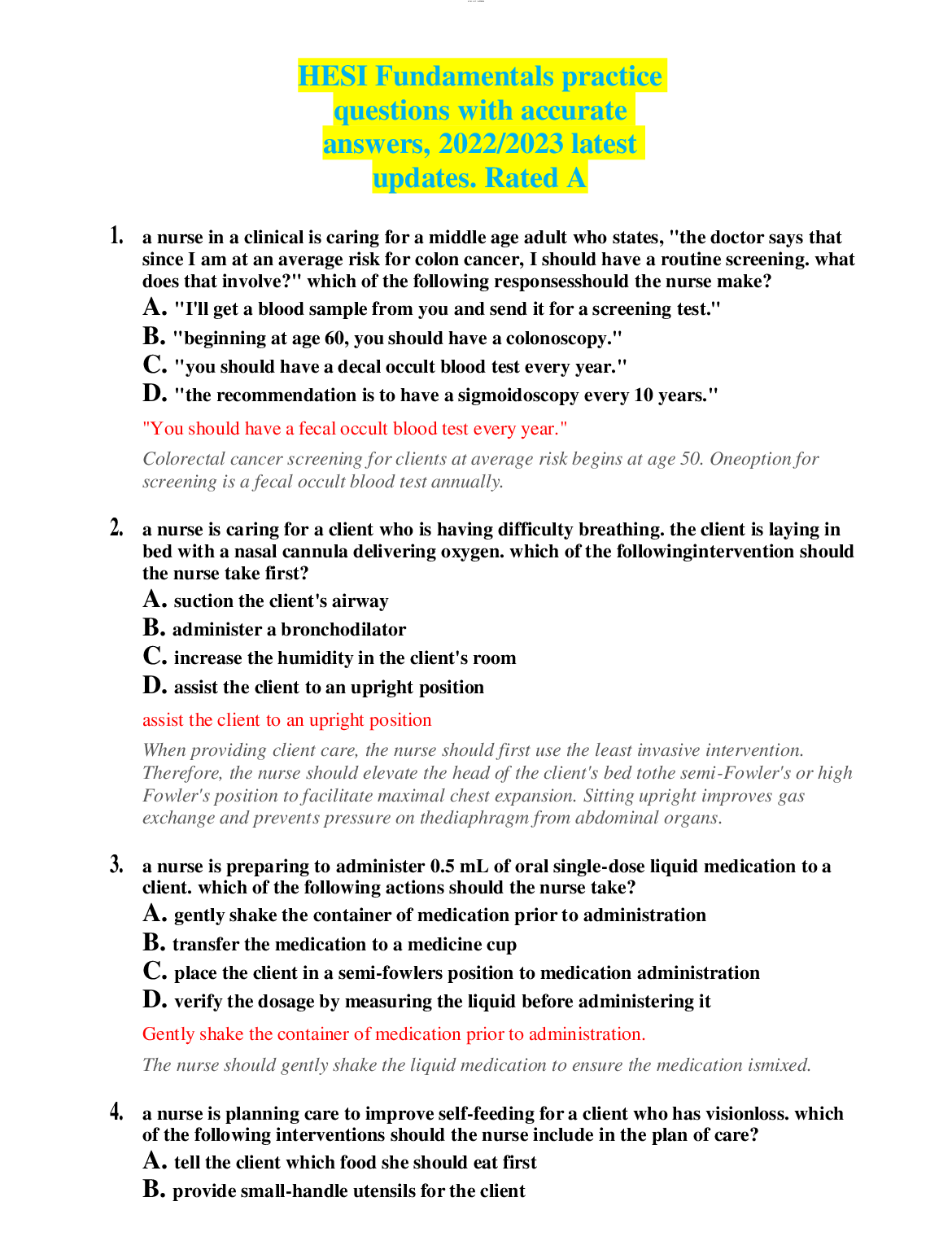 Preview image for HESI Fundamentals practice questions with accurate answers, 2022/2023 latest updates. Rated A